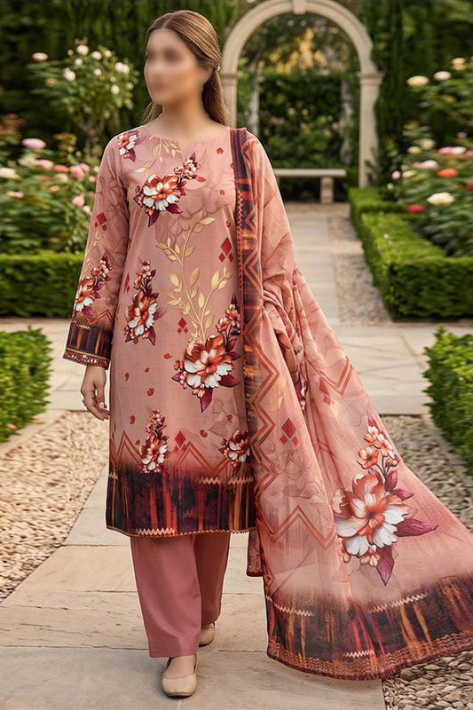 Alkaram 3 piece unstitched printed linen suit with digital printed Slub Linen shirt, dupatta and dyed trouser
