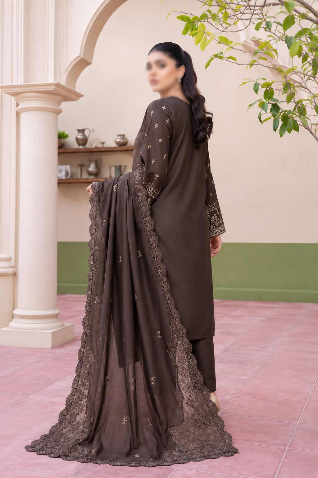 Shanaya 3 Piece Embroidered Peach Dhanak Suit with Embroidered Shirt and Dupatta