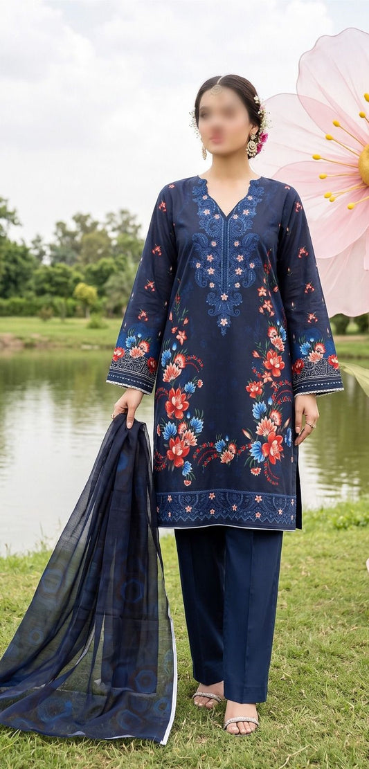 Nishat floral printed embroidered unstitched 3 piece suit with printed slub dupatta and comfort dyed trouser