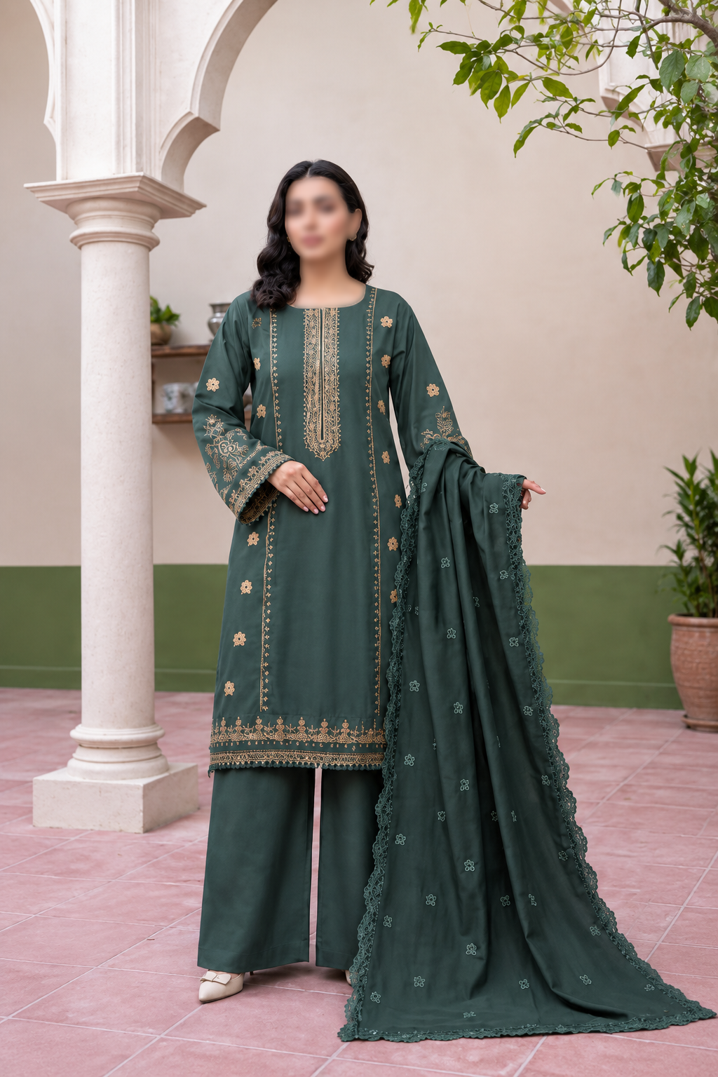 Shanaya 3 Piece Embroidered Peach Dhanak Suit with Embroidered Shirt and Dupatta