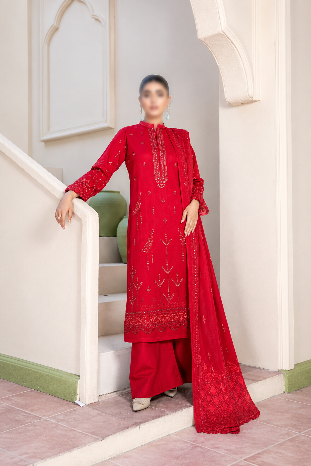 Shanaya 3 Piece Embroidered Peach Dhanak Suit with Embroidered Shirt and Dupatta