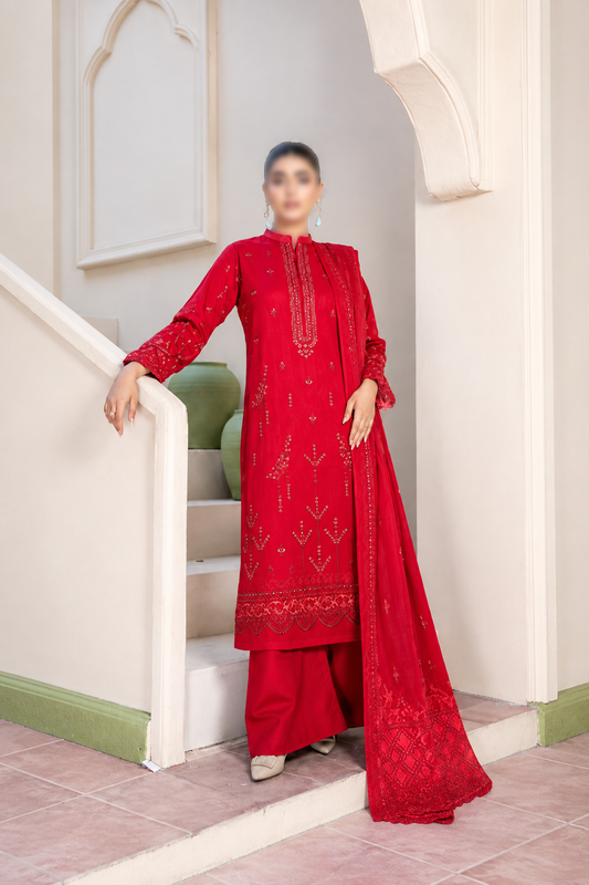 Shanaya 3 Piece Embroidered Peach Dhanak Suit with Embroidered Shirt and Dupatta