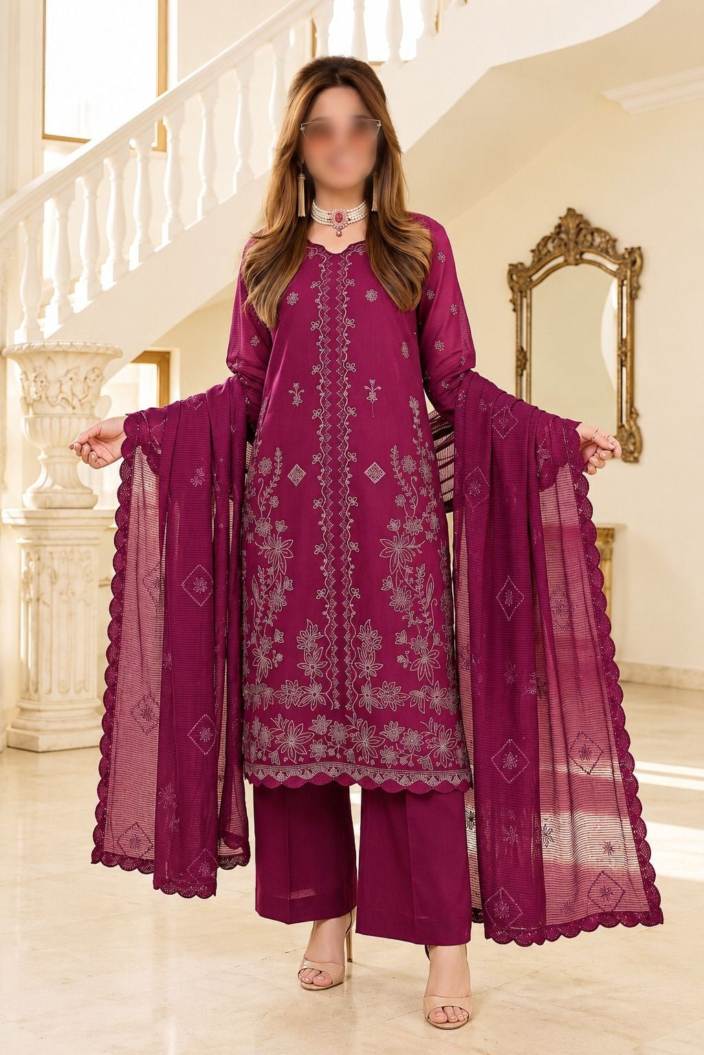 SAPPHIRE 3 Piece Embroidered Viscose Suit with Heavy Embroidered Dupatta