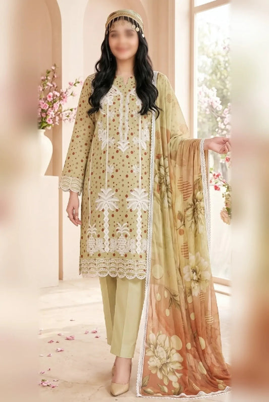 Gul Ahmed embroidered printed unstitched 3 piece suit with bamber dupatta and comfort dyed trouser