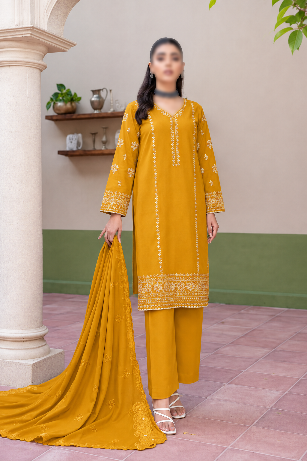 Shanaya 3 Piece Embroidered Peach Dhanak Suit with Embroidered Shirt and Dupatta