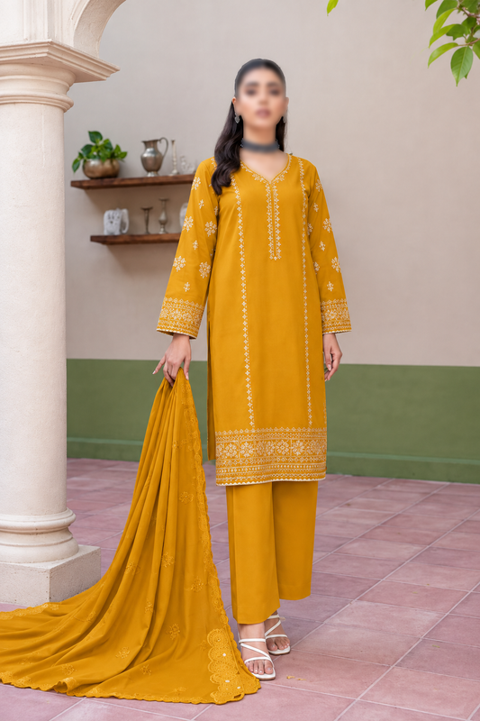 Shanaya 3 Piece Embroidered Peach Dhanak Suit with Embroidered Shirt and Dupatta