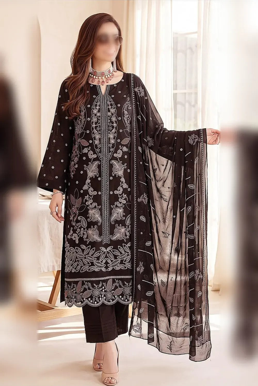Maria.B. Viscose chamki heavy embroidered 3 piece suit with embroidered dupatta and viscose trouser