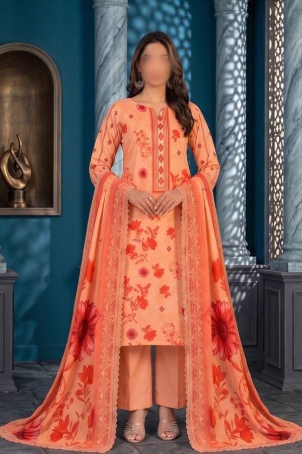 REEF printed Slub Linen 3 piece unstitched suit with dupatta and trouser