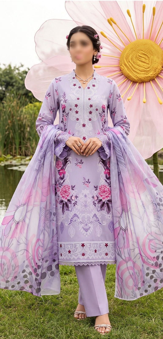 Nishat floral printed embroidered unstitched 3 piece suit with printed slub dupatta and comfort dyed trouser