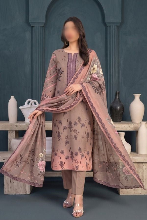REEF floral printed Slub Linen 3 piece unstitched suit with dupatta and trouser