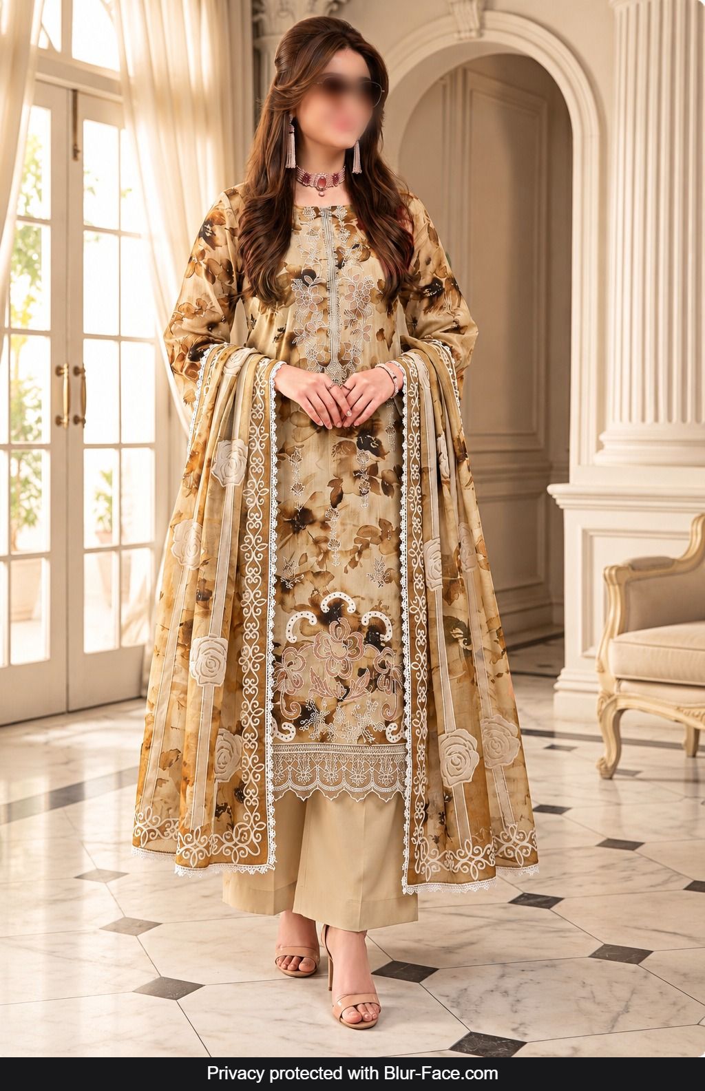 KHAADI 3 Piece Embroidered Viscose Suit for Women with Crinkle Digital Print Dupatta