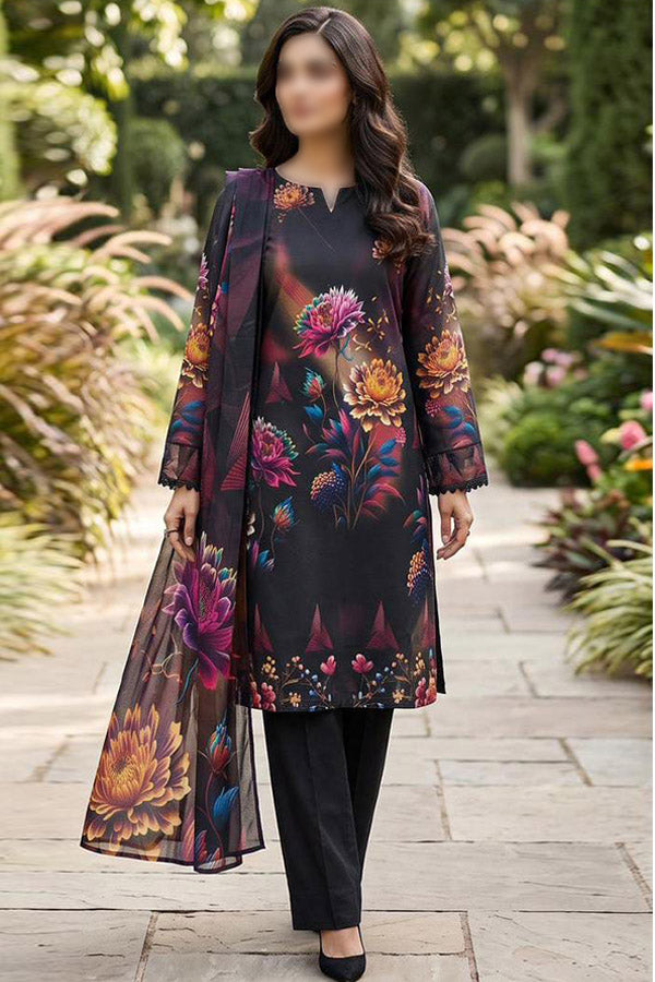 Alkaram 3 piece unstitched printed linen suit with digital printed Slub Linen shirt, dupatta and dyed trouser
