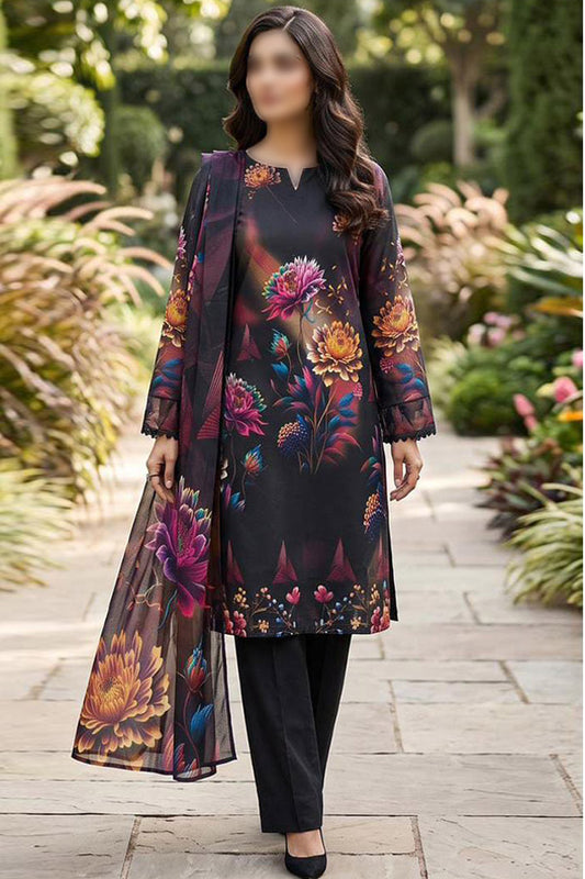 Alkaram 3 piece unstitched printed linen suit with digital printed Slub Linen shirt, dupatta and dyed trouser
