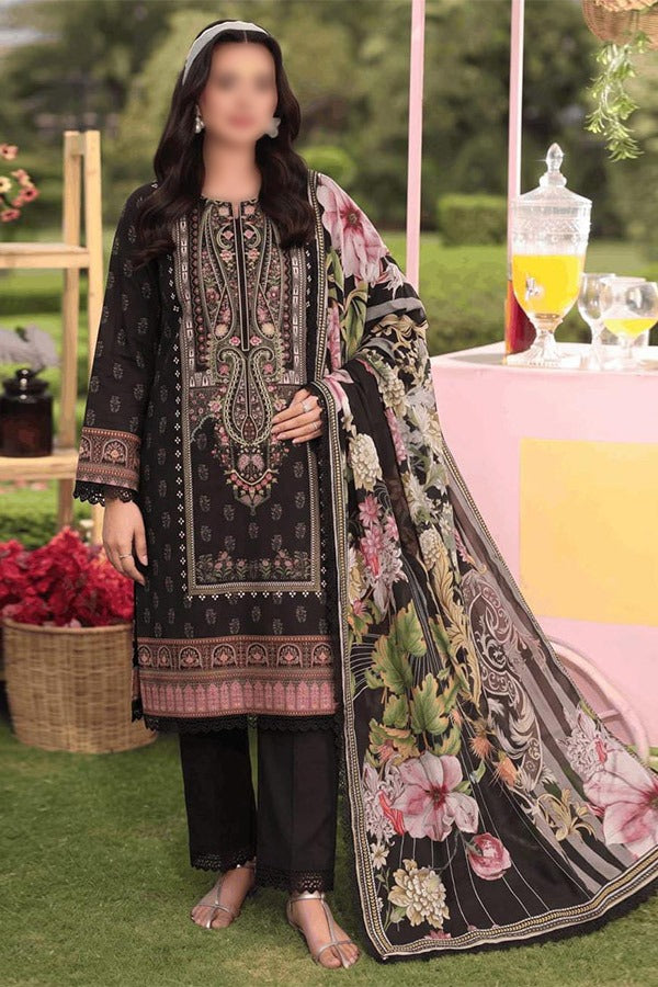 Malhaar Naznin 3 Piece Unstitched Linen Digital Print Suit with Printed Shirt Dupatta and Dyed Trouser