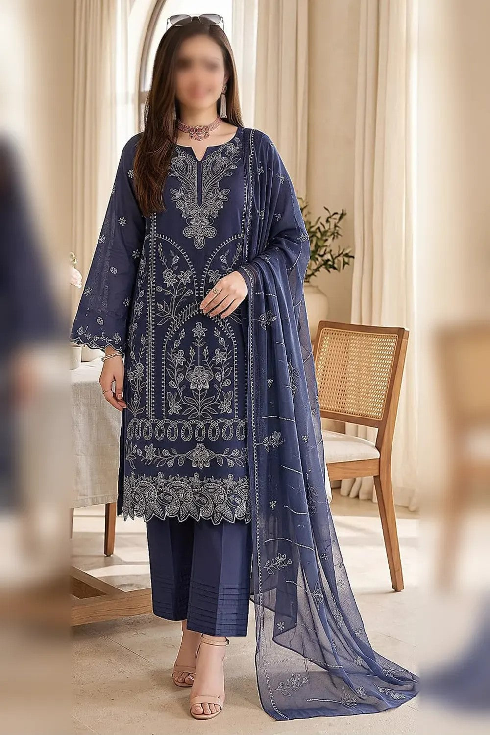 Maria.B. Viscose chamki heavy embroidered 3 piece suit with embroidered dupatta and viscose trouser