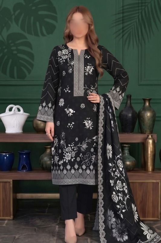 REEF printed Slub Linen 3 piece unstitched suit with dupatta and trouser
