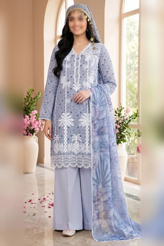Gul Ahmed embroidered printed unstitched 3 piece suit with bamber dupatta and comfort dyed trouser