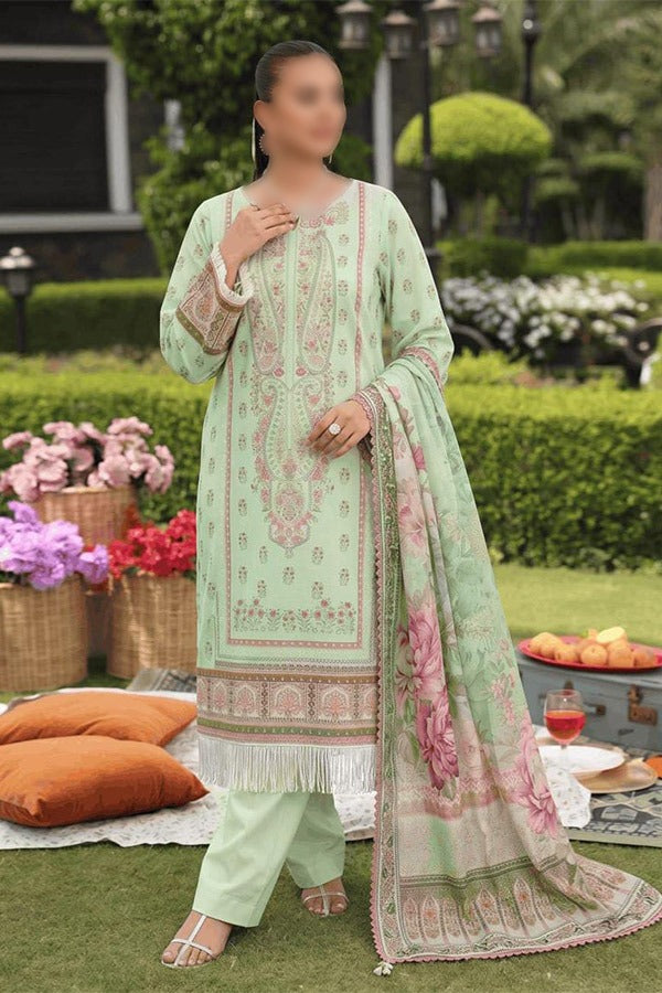 Malhaar Naznin 3 Piece Unstitched Linen Digital Print Suit with Printed Shirt Dupatta and Dyed Trouser