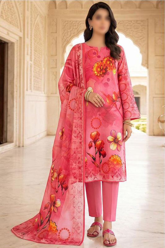Alkaram 3 piece unstitched printed linen suit with digital printed Slub Linen shirt, dupatta and dyed trouser
