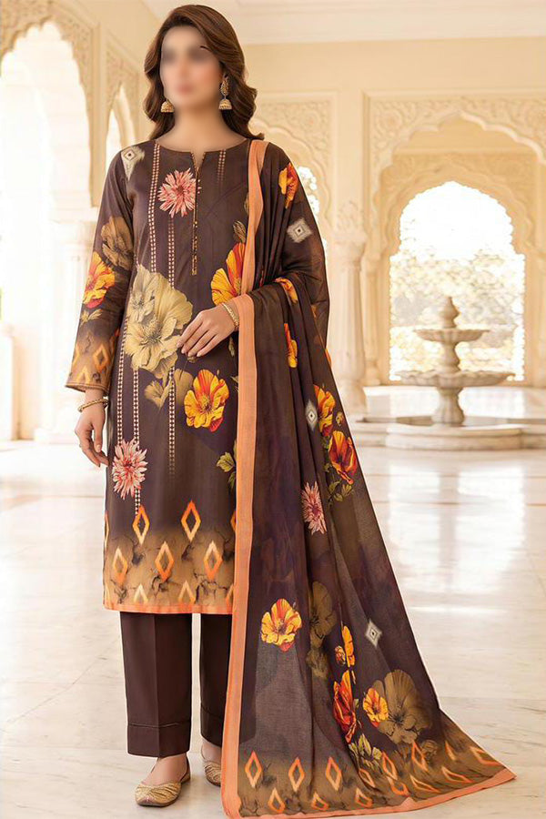 Alkaram 3 piece unstitched printed linen suit with digital printed Slub Linen shirt, dupatta and dyed trouser
