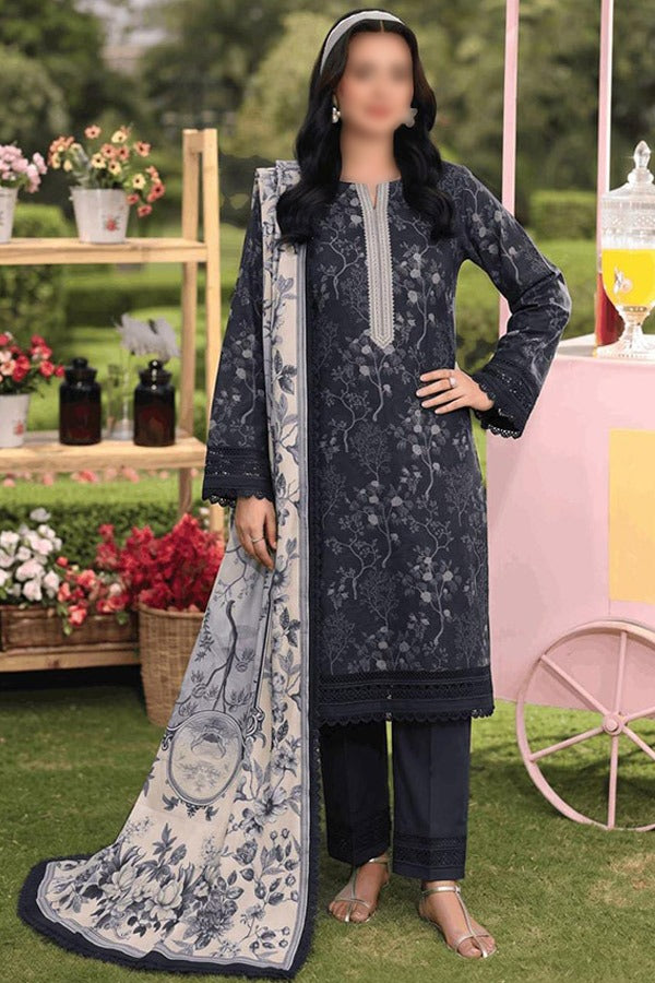 Malhaar Naznin 3 Piece Unstitched Linen Digital Print Suit with Printed Shirt Dupatta and Dyed Trouser