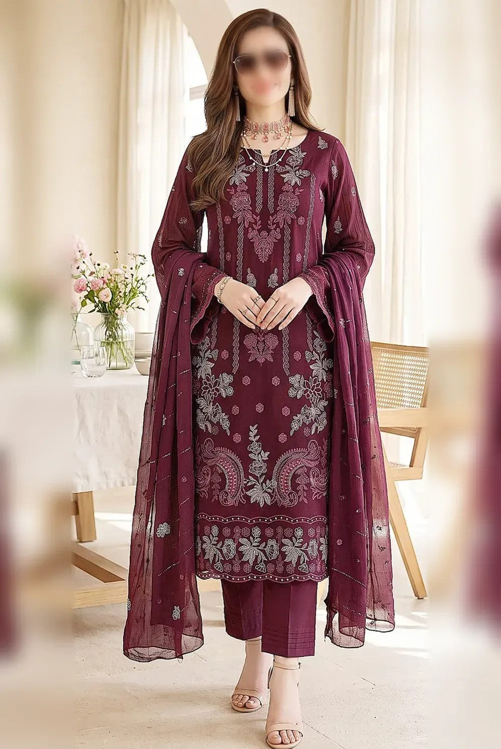 Maria.B. Viscose chamki heavy embroidered 3 piece suit with embroidered dupatta and viscose trouser