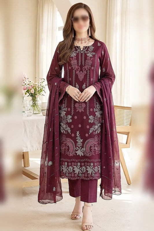 Maria.B. Viscose chamki heavy embroidered 3 piece suit with embroidered dupatta and viscose trouser