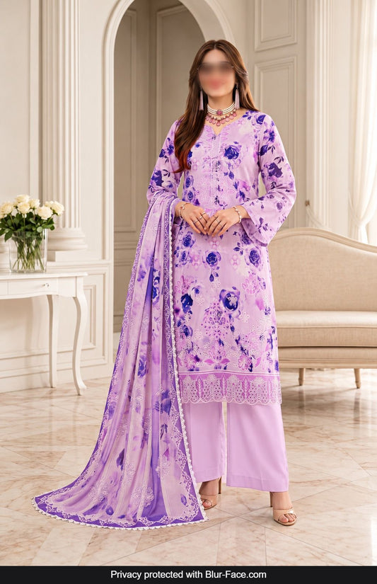 KHAADI 3 Piece Embroidered Viscose Suit for Women with Crinkle Digital Print Dupatta