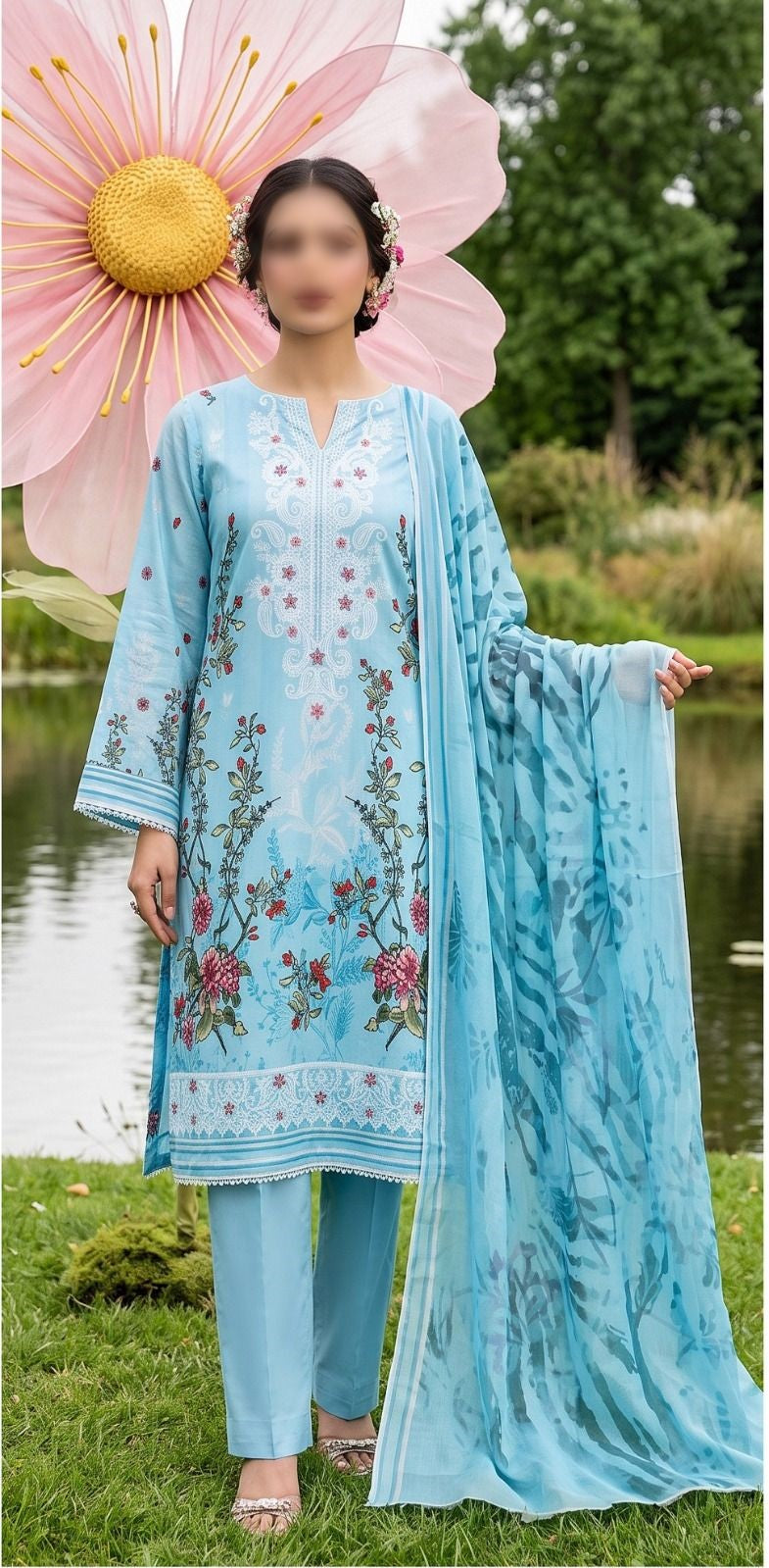 Nishat floral printed embroidered unstitched 3 piece suit with printed slub dupatta and comfort dyed trouser