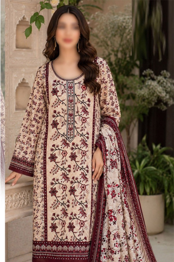KHAADI Embroidered Printed Linen 3 Piece Unstitched Suit for Women