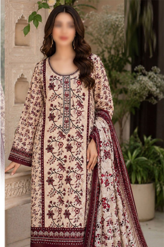 KHAADI Embroidered Printed Linen 3 Piece Unstitched Suit for Women