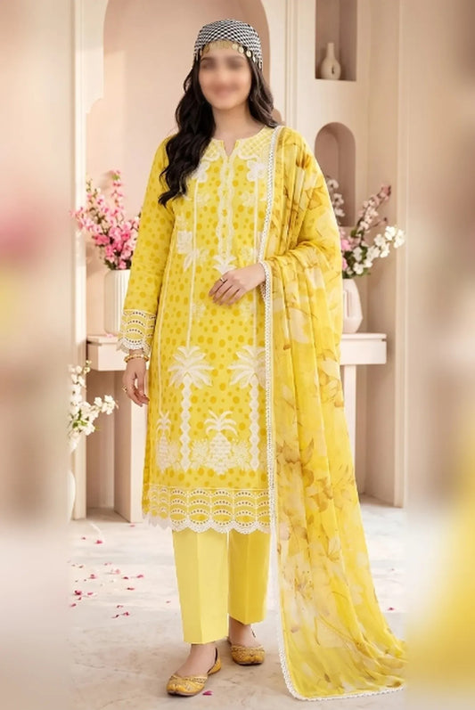 Gul Ahmed embroidered printed unstitched 3 piece suit with bamber dupatta and comfort dyed trouser