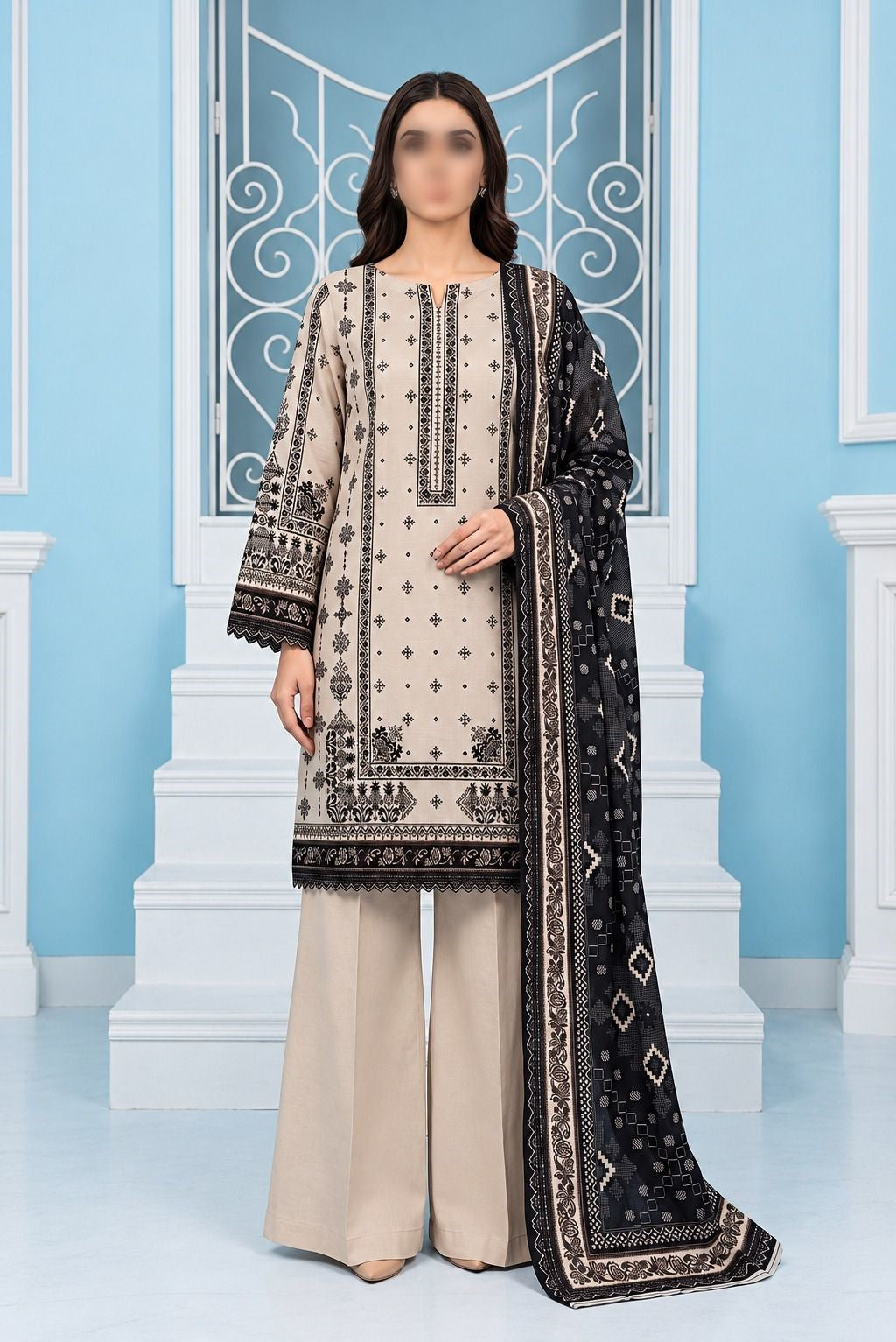 KHAADI 3 Piece Printed Khaddar Suit for Women with Khaddar Dupatta