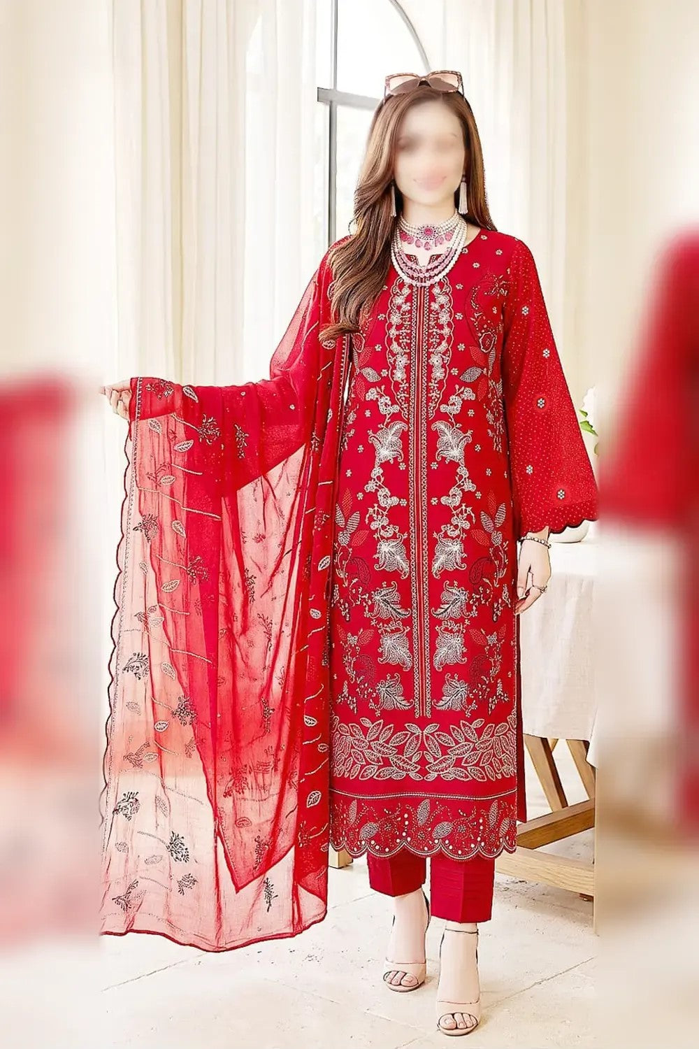 Maria.B. Viscose red chamki heavy embroidered 3 piece suit with embroidered dupatta and viscose trouser
