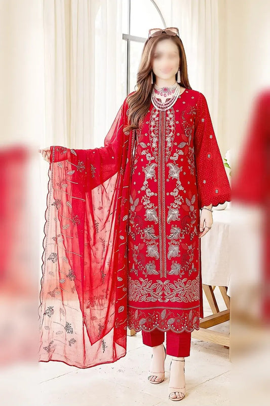 Maria.B. Viscose red chamki heavy embroidered 3 piece suit with embroidered dupatta and viscose trouser