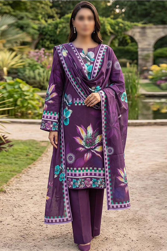 Alkaram 3 piece unstitched printed linen suit with digital printed Slub Linen shirt, dupatta and dyed trouser
