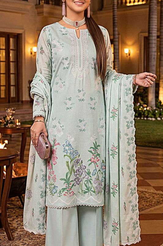 Saya zari dhanak digital print embroidered unstitched 3 piece suit with embroidered dupatta and comfort dyed trouser