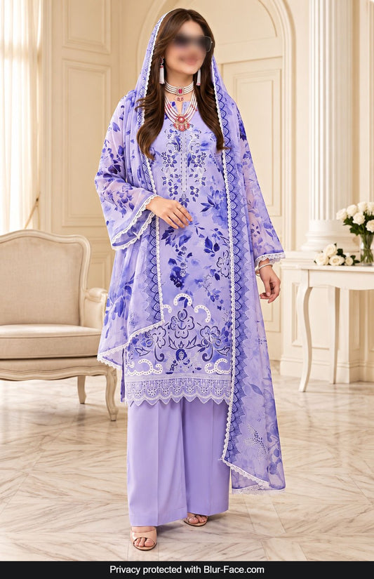 KHAADI 3 Piece Embroidered Viscose Suit for Women with Crinkle Digital Print Dupatta