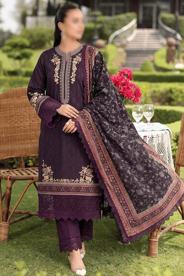 Malhaar Naznin 3 Piece Unstitched Linen Digital Print Suit with Printed Shirt Dupatta and Dyed Trouser