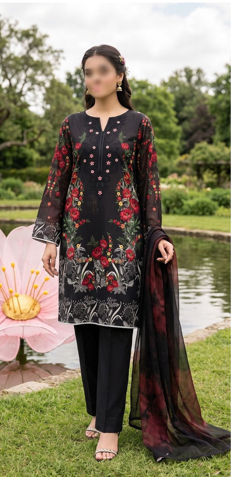 Nishat floral printed embroidered unstitched 3 piece suit with printed slub dupatta and comfort dyed trouser
