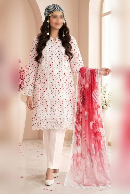 Gul Ahmed embroidered printed unstitched 3 piece suit with bamber dupatta and comfort dyed trouser