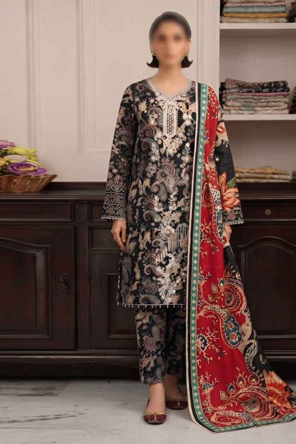 BONANZA SATRANGI embroidered printed linen 3 piece unstitched suit for women