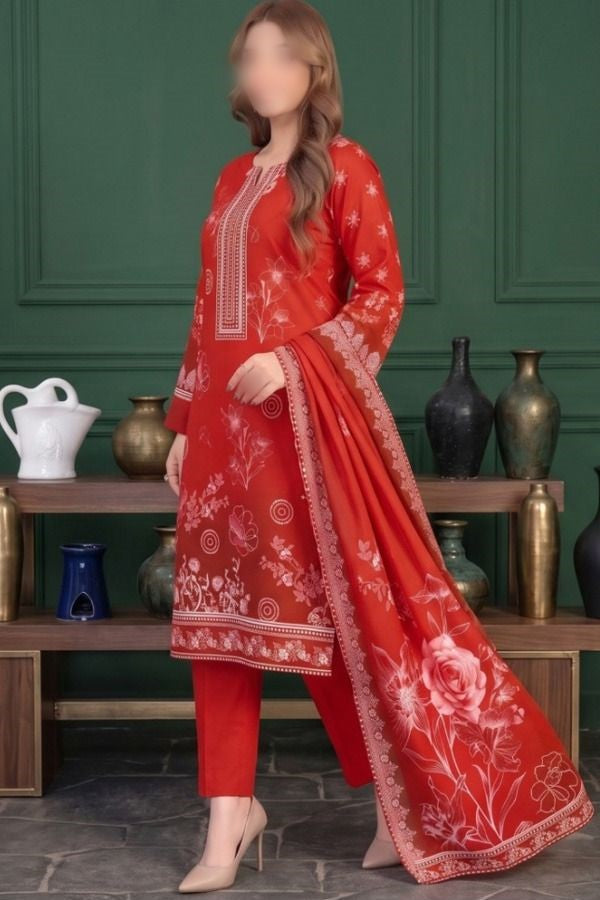 REEF printed Slub Linen 3 piece unstitched suit with dupatta and trouser