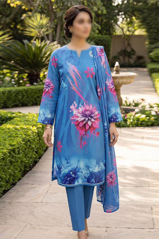 Alkaram 3 piece unstitched printed linen suit with digital printed Slub Linen shirt, dupatta and dyed trouser
