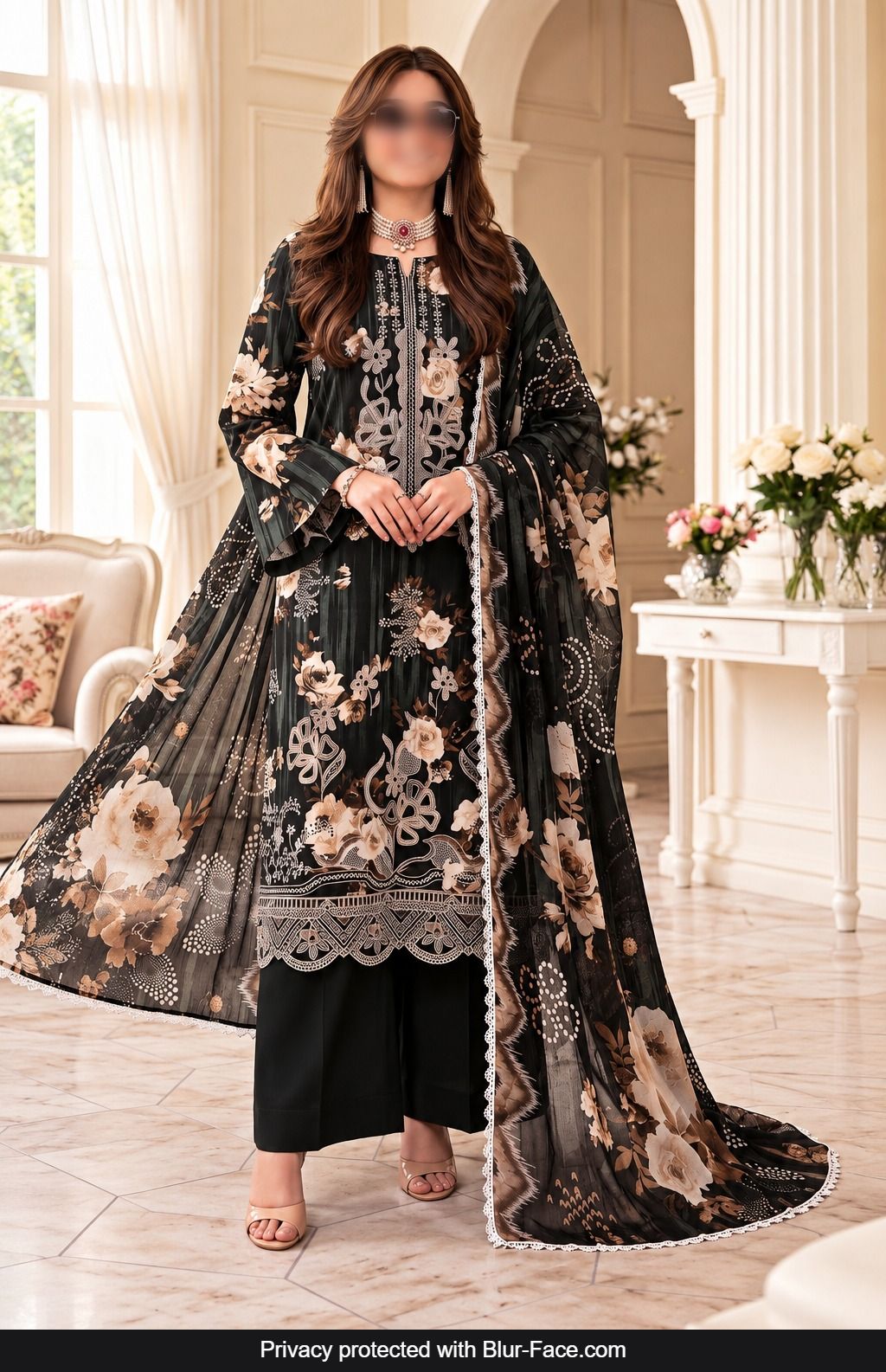 KHAADI 3 Piece Embroidered Viscose Suit for Women with Crinkle Digital Print Dupatta