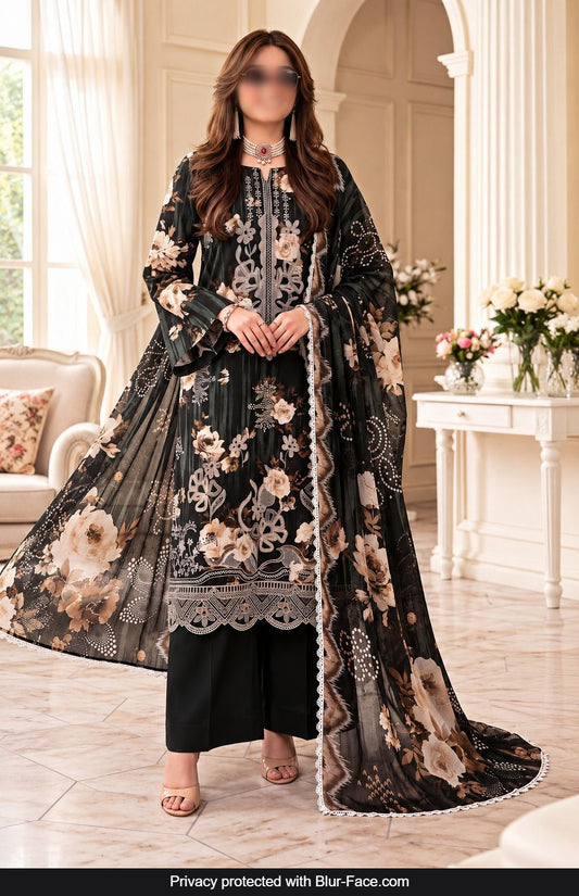 KHAADI 3 Piece Embroidered Viscose Suit for Women with Crinkle Digital Print Dupatta