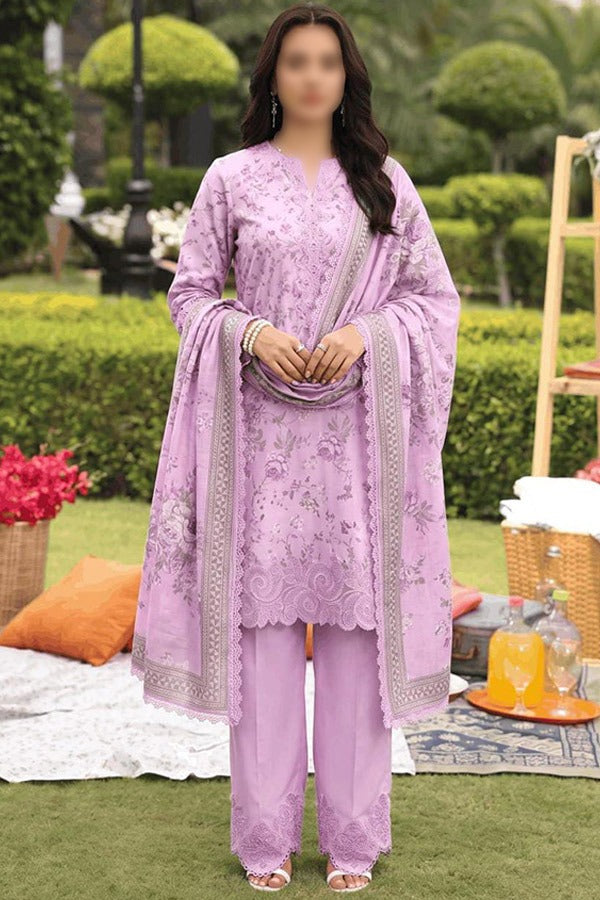 Malhaar Naznin 3 Piece Unstitched Linen Digital Print Suit with Printed Shirt Dupatta and Dyed Trouser