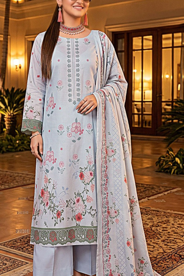 Saya zari dhanak digital print embroidered unstitched 3 piece suit with embroidered dupatta and comfort dyed trouser