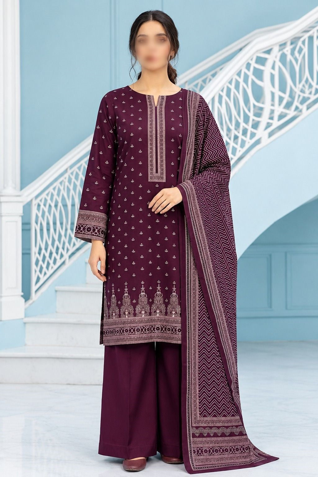 KHAADI 3 Piece Printed Khaddar Suit for Women with Khaddar Dupatta
