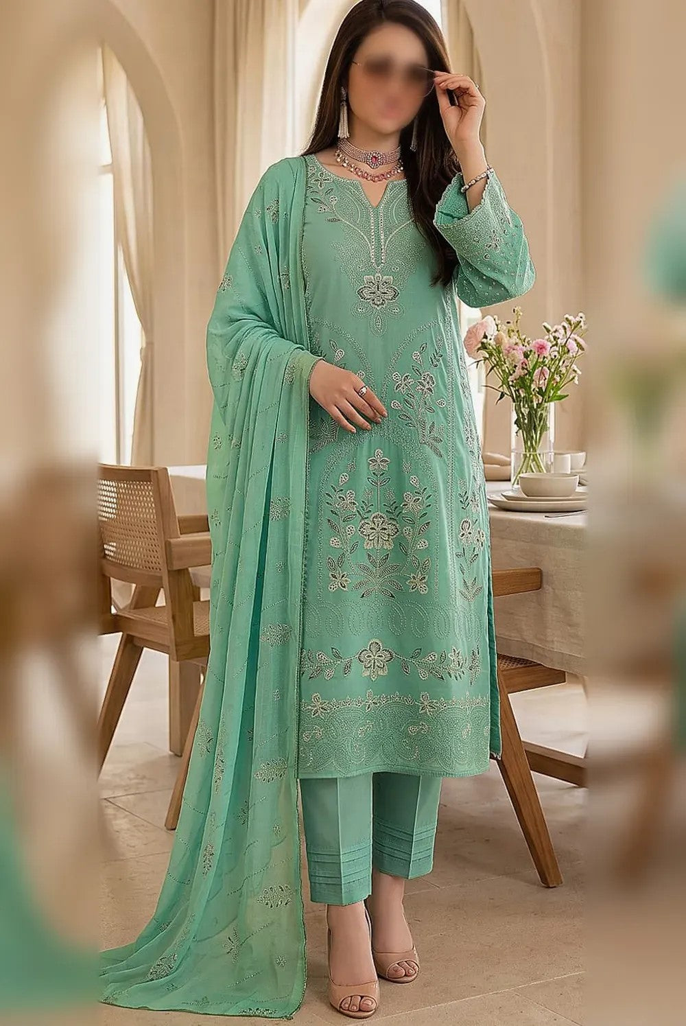 Maria.B. Viscose chamki heavy embroidered 3 piece suit with embroidered dupatta and viscose trouser